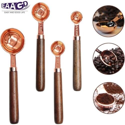 4Pcs/Set Copper Stainless Steel Set of 4 Measuring Spoons With Wood Handles Kitchen Functional Baking Accessories