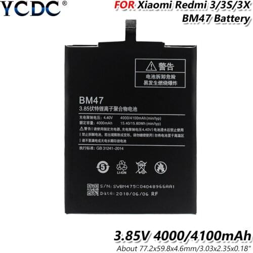 4000mah BM47 Rechargeable Lithium Battery For Bateria Accumulator Xiaomi Redmi 3 3S 3X Hongmi 3 3S 3X Replacement Batteries