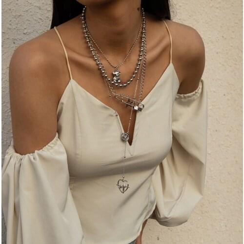 New Vintage Women Neck Chain Punk Pin Star Pendant Necklace Female Retro Simple Heart-shaped Bear Aesthetic Necklace Accessories