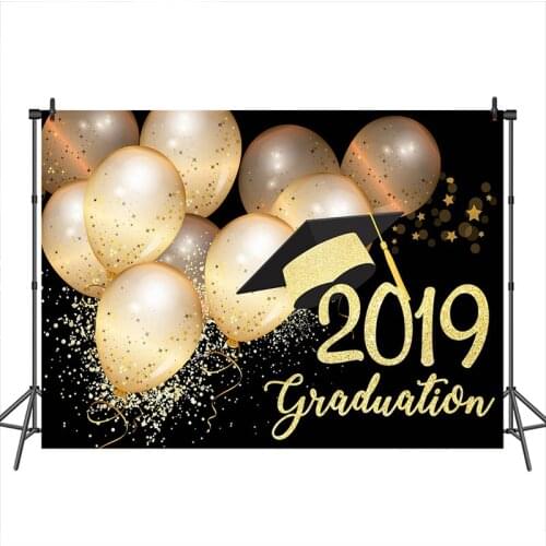 Neoback Graduation 2019 Backdrop Balloon Gold Glitter Black Photo Background Celebration Graduation Ceremony Banner Decoration