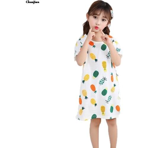 Pineapple Printed Cotton Girls Night Dress Children Sleepwear Kids Pajamas Girl Nightgowns Teenager Night Wear for 2 to 14Years