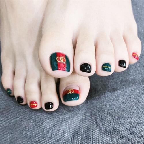Ins fashion vintage false nails for toe Red and green pure color with rivet decoration cute toe nails short size full nail tips