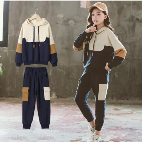 Girls Clothing Set Autumn Teenage Girl Two Color Patchwork Cotton Sets Hooded Top+Pants Baby Girl Fall Suits 8 10 12 14T