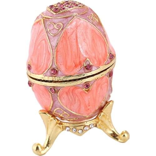 Hand Painted Enamel Love Heart Rhinestone Easter Egg Stand Jewelry Box Mini