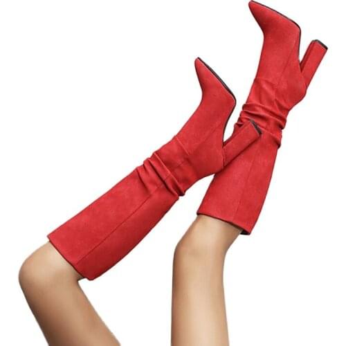 Arden Furtado 2020 winter fashion pointed toe Chunky heels Fold for womens shoes contracted Pure color black Knee high boots