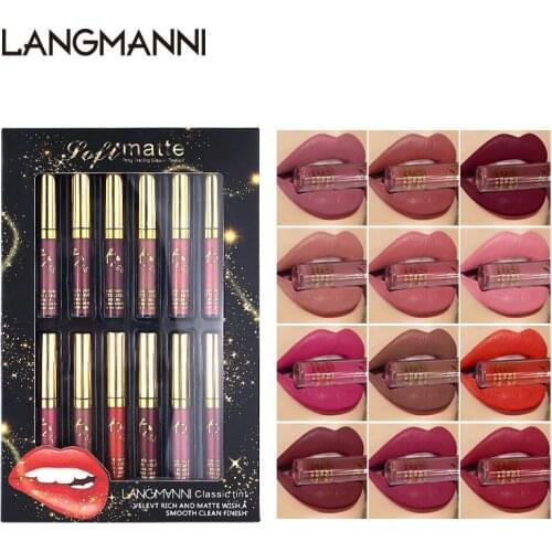 LANGMANNI 12pcs/set Matte Lipgloss Set Velvet Long Lasting Lip Glosses Lqiuid Lipstick Waterproof Lip Makeup Sexy Colors