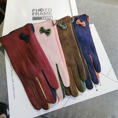 New Korean version touch screen five fingers bow warm women adult fashion autumn and winter gloves mittens