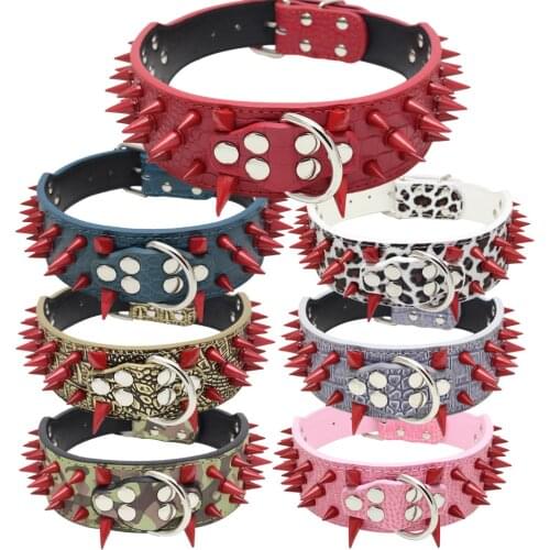 Dog Collar for Middel Large Dogs Gold White And Red Rivet Spikes Studded Dogs Collar Leather Pet Collar Bulldog German Mastiff