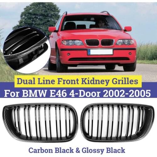 Pair Car Gloss Black 2 Slat Dual Line Front Kidney Grilles Repacemenyt For BMW E46 4 Door 2002 2003 2004 2005 Racing Grill