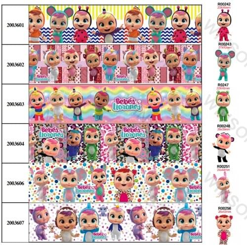 Cry Baby Cartoon Printed Grosgrain/Satin Ribbon 30 Pcs Planar Resins 5 Yards 25mm/38mm/50mm/75mm for DIY Hair Bows