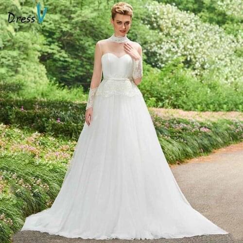Dressv ivory lace ball gown wedding dress long sleeves appliques button floor length bridal outdoor&church wedding dresses
