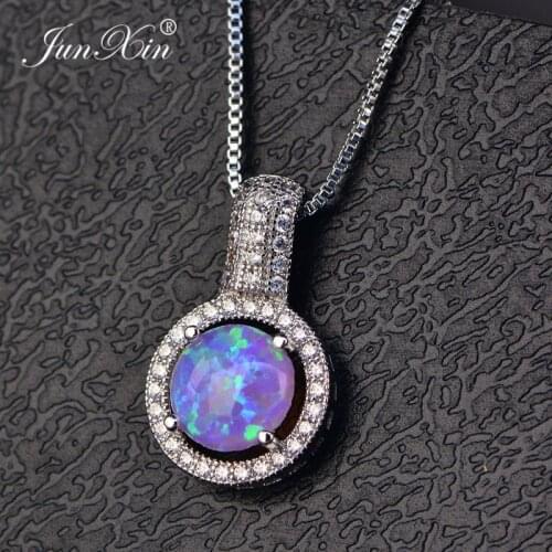 Cute Female Purple Opal Pendant Necklace Charm Silver Color Chain Necklaces For Women Trendy Bridal Round Wedding Necklace