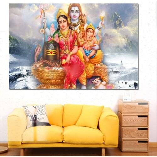 Shiva Parvati Ganesha Indian Art Religious Buddha Hindu Gods Canvas Painting Psychedelic Posters and Prints Living Room Decor