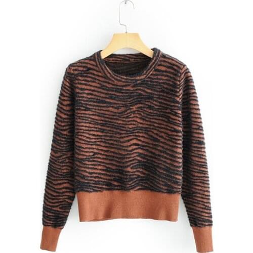ZXQJ Women 2021 Fashion Zebra Print Cropped Knit Sweater Vintage O Neck Long Sleeve Female Pullovers Chic Tops