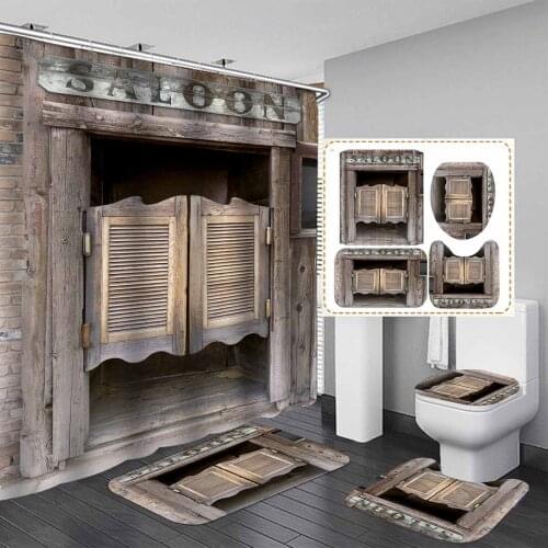 3D Print Rustic Vintage Old Wooden Door Shower Curtain Waterproof Bath Anti Slip Bathroom Rugs Set Kitchen Bath Mat Toilet Cover