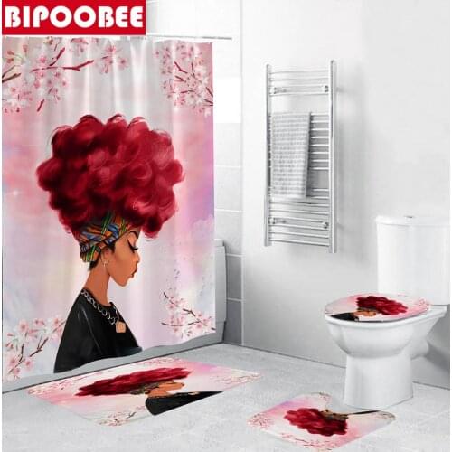 African American Shower Curtain Red Hair Afro Women Printed Bathroom Curtains Set Toilet Lid Cover Pedestal Bath Mat Rugs