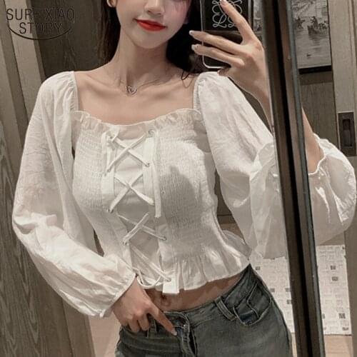 2021 Autumn Slash Neck Korean Casual Long Sleeve Shirt Sexy Short Blouses Women Fashion Off-Shoulder Blouses Ladies Tops 10447