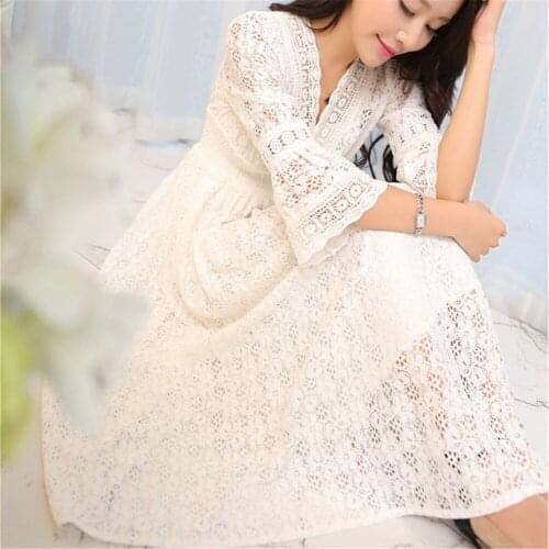 Womens Dresses Office Dress Sleeve Elegant Lace Long Dresses Vintage Korean Dress New Arrival 2020 Spring White Plus Size XXXL