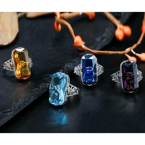 10*20mm Big Amethyst Gemstone Ring Hollowed-out 925 Sterling Silver Rings Exaggerated Silver Hand Jewelry For Women