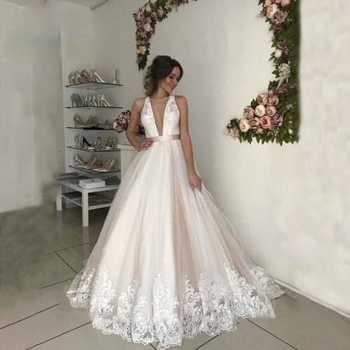 V-Neck Tulle Wedding Dresses 2021 Pink Applique Lace A-Line Backless Floor Length Sleeveless Bridal Sexy Wedding Dress