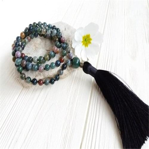 6mm Moss Agate Gemstone 108 Beads mala Tassel Necklace Meditation Japa Prayer Yoga Classic Tibetan Spiritua Religious Buddhism