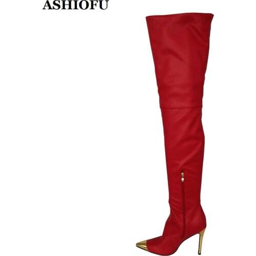 ASHIOFU Classic Handmade Womens Over Knee Boots Gold Ballets-toe Club Thigh High Boots Evening Dance Fashion Winter Long Boots