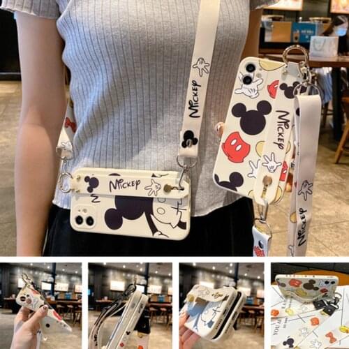 Disney Mickey Mouse Fashion Couple Silicone Mobile Phone Case with Lanyard Strap for Iphone 7 8Plus X Xr 11 12 Promax Anti-drop