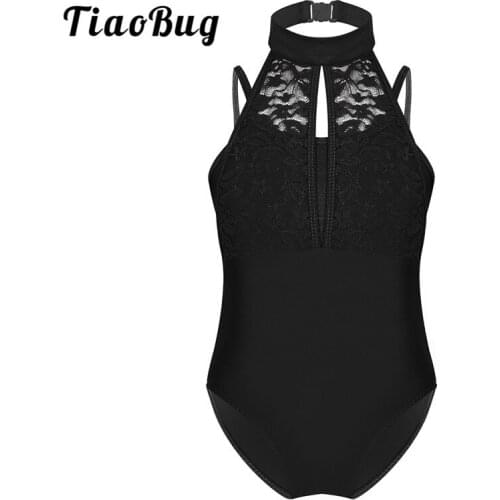 TiaoBug Children Spaghetti Straps Turtle Neck Lace Overlay Dancewear Kids Gymnastics Leotard for Girls Tutu Ballet Dance Costume
