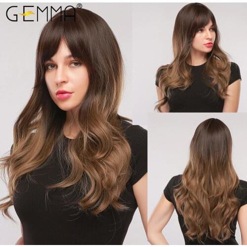 GEMMA Long Wavy Wigs with Bangs Black Brown Ombre Synthetic Heat Resistant Wigs For Women Girls Cosplay Party Daily False Hair