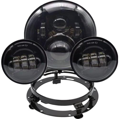 Black 7" LED Headlight Projector + 2 x 4-1/2" LED Auxiliary Spot Fog Passing Lamp Light For Harley Motorcycles