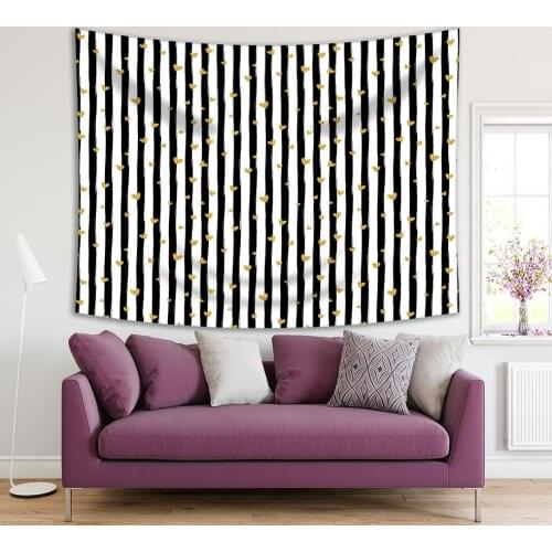 Tapestry Gold Glittering Heart Shapes Confetti Pattern on Vertical Black and White Stripes Romantic Art