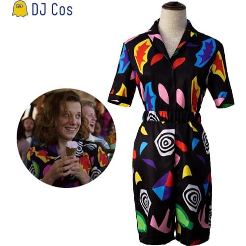 Stranger Things Eleven Goes to Mall Romper Girls Cosplay Jumpsuit Swirl Printed Belted The Mall Rats Girls Women 80s Outfit Suit