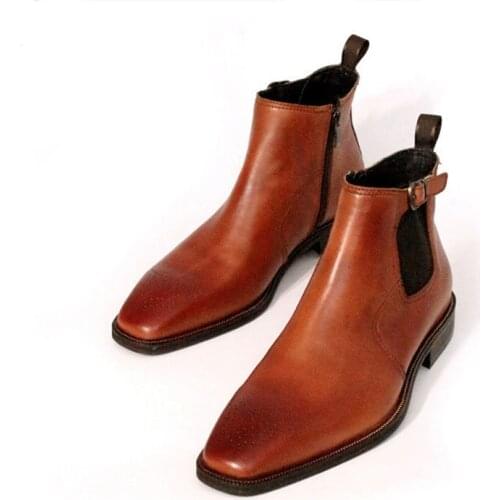 High Quality Handmade England Leather Masculine Boot Vintage Carved Square Head Brown Ankle Boots Men Design Gents Shoes 44 45