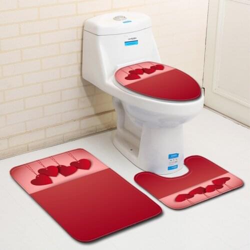 Washroom Rug Sets 3pcs Rose Petal Love Heart Bath Bathroom Doormat Toilet Cover Mat Non-Slip Happy Valentines Day