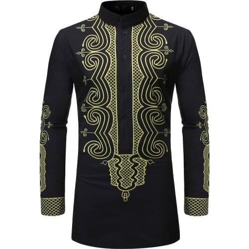 New Fashion African Tribal Dashiki Robe Print Mandarin Collar Dress Shirt Men Streetwear Casual African Clothes Camisa Masculina