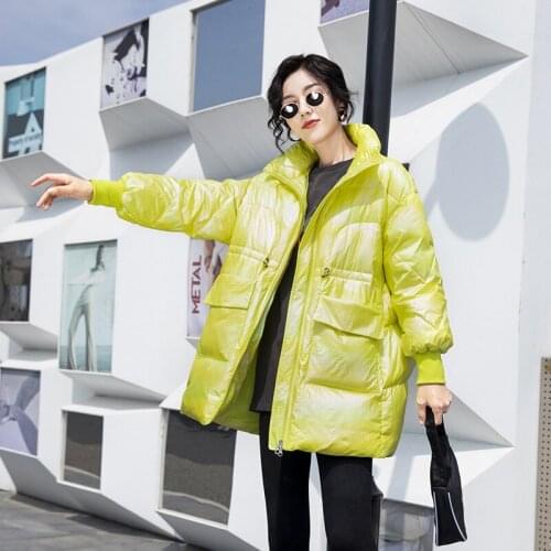 New loose stand-up collar gradient bright fabric down jacket women mid-length winter Korean style pocket white duck down jacket