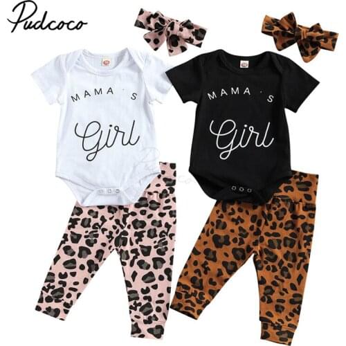 Three Piece Baby Girl’s Clothes Special Letter Long Sleeve Romper and Leopard Long Pants with Headband