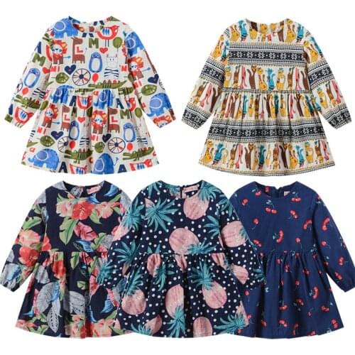 Girls Long Sleeve Flower Printing Dress Autumn New Cotton Kids Dress Round Neck Casual Dress
