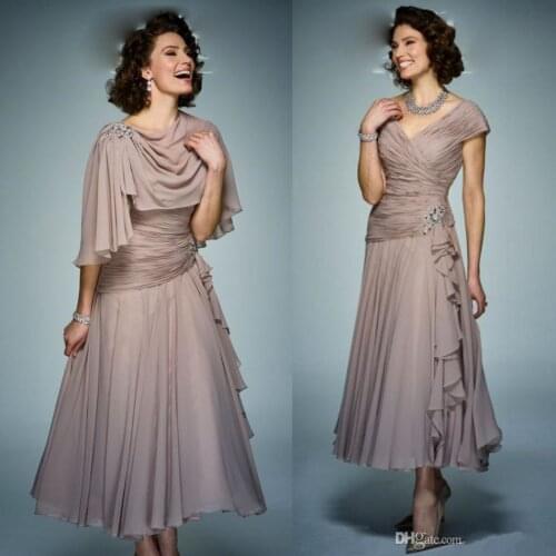 Newest Mother of the Bride Dresses 2020 V-Neck Wedding Guest Dress Ruched Ankle Length Party A-line Prom Gowns with Wraps