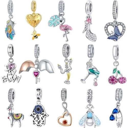 BISAER 925 Sterling Silver Feather Heels Love Family Pendant CZ Pendant Charms Fit Bracelet DIY Bead for Jewelry Making ECC818