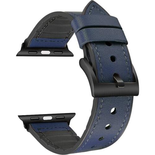 Genuine Leather Rubber Hybrid Strap Compatible for Apple WatchBand 44mm 42mm 40mm 38mm, for Man Women iWatch All Series