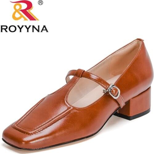 ROYYNA 2021 New Designers Popular Pumps Women Chunky Block High Heel Square Toe Casual Office Slip-on Concise Dress Shoes Ladies