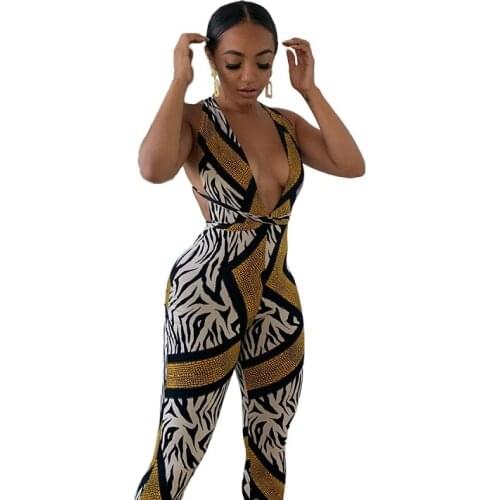 Sexy deep v-neck jumpsuits women back cross lace up skinny print catsuits summer beach style sexy jumpsuits MSH7110