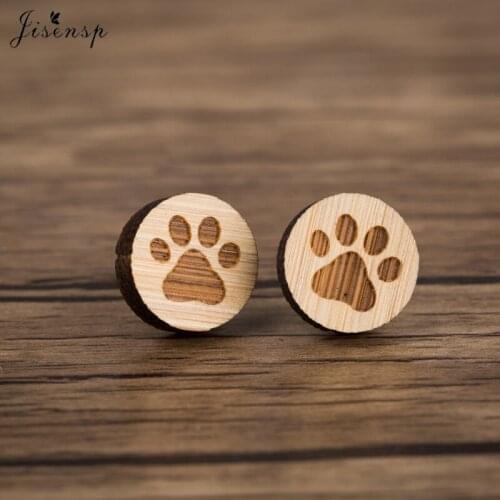 Jisensp Cute Design Tiny Pet Paw Wooden Earrings Round Lovely Dog Footprint Wood Earring for Women Animal Jewelry Gift