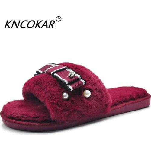 KNCOKAR Autumn Winter Indoor New Home Ladies Cotton Slippers New Bedroom Fashionable Bowknot Plush Cotton Slippers Big yards