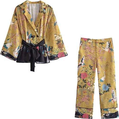Xikom 2021 New Summer Women Vintage Two-Piece Set Beach Style Print V- Neck Belt Long Shirt High Waist Casual Pants Sets
