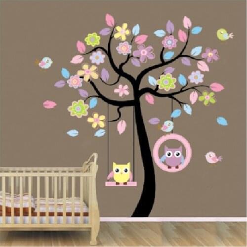 Yellow and Purple Owl Swing Tree 170CM High Childrens Room Wall Sticker PVC Wall Removable Stickers Kids Decor Art Home