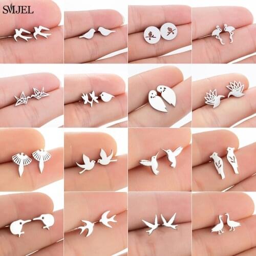 Stainless Steel Swallow Small Earring Multiple Little Bird Jewelry Women Dove Flamingo Parrot Branch Hummingbird Crane Studs