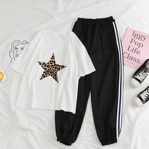 Streetwear Two Piece Set Pants Suits for Women 2021 Leopard Heart Print Summer Trousers Women Casual Short Sleeve Suit Fashion