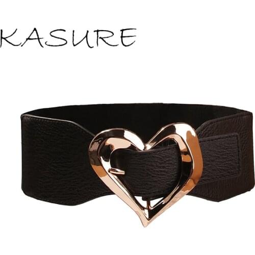 KASURE Women Elastic Stretch Wide Waist Belt With Irregular Gold Heart Buckle Smooth Black PU Leather Fashion Dress Deco Belt